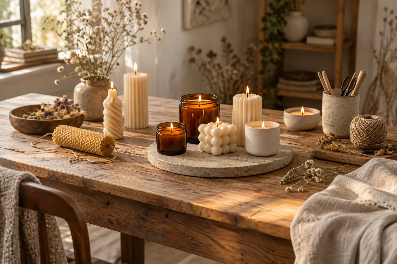 Velas artesanales y materiales sobre una mesa de taller iluminada por luz natural